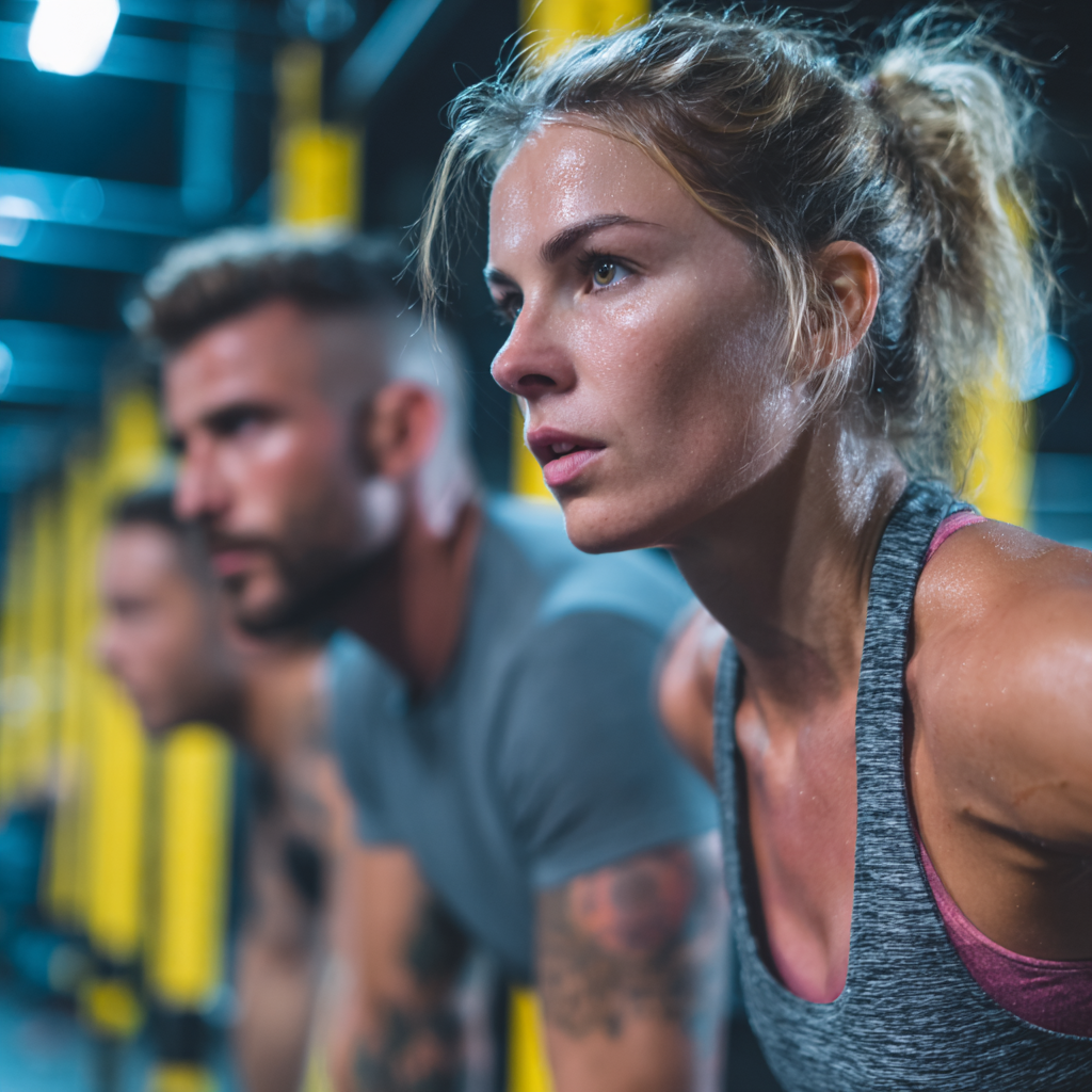 Happy Slovak woman in her 40s performing functional movement exercises with light weights in a bright, natural fitness environment
